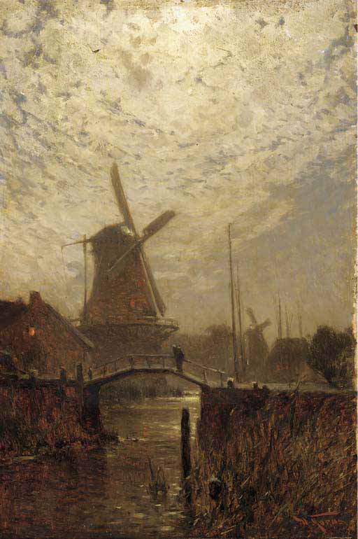 A figure crossing a bridge over a Dutch waterway by moonlight